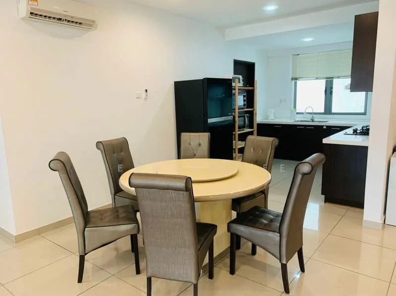 Dining features: round dining table, 6-seater dining table, upholstered dining chairs in grey, tile flooring, white painted walls, wall-mounted split AC, kitchen visible in background, open shelving unit, black cabinet, kitchen countertop with sink, gas hob, window with blinds; style: modern.
