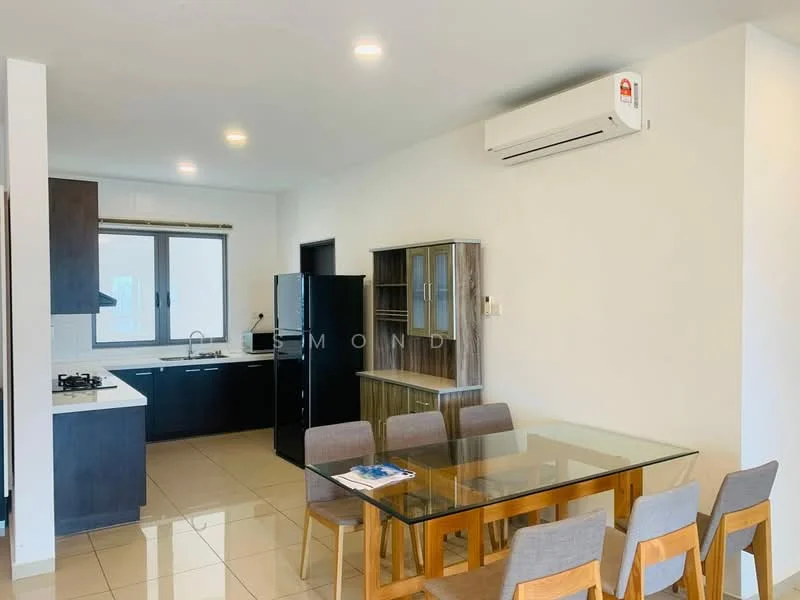 Kitchen features: white cabinets, black refrigerator, stainless-steel gas hob, single-bowl stainless-steel sink, chrome pull-down faucet, white tiled backsplash, countertop with overhang, window with view, wall-mounted split AC, recessed downlights; style: modern. Dining features: glass dining table, 6 wooden dining chairs, sideboard cabinet, decorative items on table; style: modern.