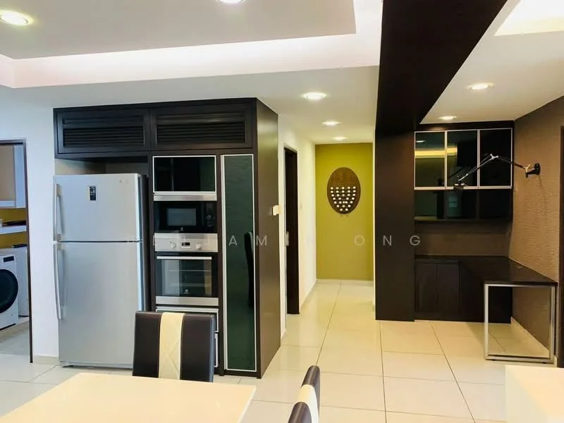 Kitchen features: stainless-steel fridge, built-in oven, microwave, black cabinetry, white countertop, ceramic tile flooring, recessed downlights, open shelving, dining table with black and white chairs, wall-mounted storage unit, neutral wall color, modern design; style: modern.