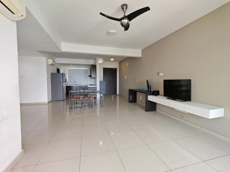 Living features: white painted walls, cream accent wall, glossy tile flooring, 5-blade ceiling fan with light, wall-mounted TV, floating TV console, dining table with chairs, open layout to kitchen, large windows for natural light, air conditioning unit; style: modern. Kitchen features: grey cabinetry, stainless-steel appliances, open-plan layout, countertop with bar seating, built-in oven, microwave, refrigerator; style: modern.
