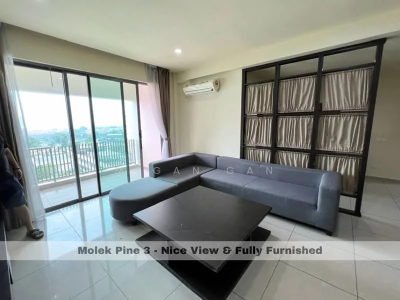 Living features: grey fabric sofa, round ottoman, black coffee table, floor-to-ceiling windows, sliding glass door, air conditioning unit, curtains, tile flooring, neutral wall color, view of the outside balcony; style: modern; view: city.