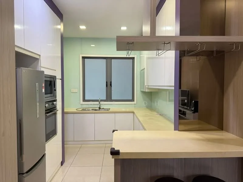 Kitchen features: white cabinetry, grey laminate countertop, stainless-steel fridge, built-in oven, microwave, single-bowl stainless-steel sink, chrome pull-down faucet, tile flooring, two bar stools, open shelving, wall-mounted cabinets, window above sink; style: modern.