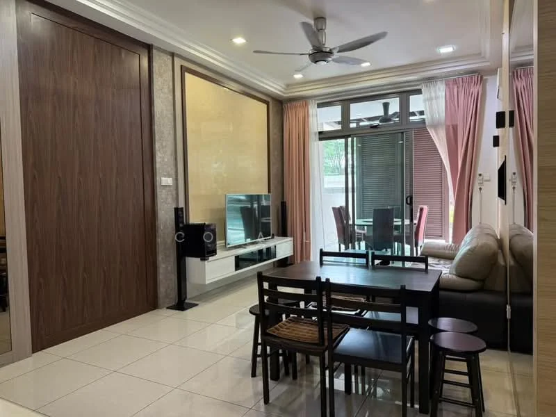 Living features: cream painted walls, wooden feature wall, white tiled flooring, 5-blade ceiling fan with light, sofa in beige, coffee table, TV console, wall-mounted TV, dining table with black chairs, sliding glass door, floor-to-ceiling windows with sheer curtains, decorative wall paneling, area rug; style: modern; view: garden.