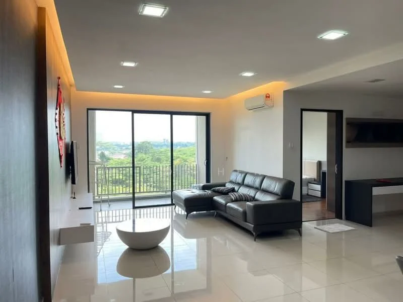 Living features: 3-seater leather sofa in black, coffee table in white, wall-mounted TV, TV console, floor-to-ceiling windows, sliding glass door, recessed LED downlights, cream painted walls, glossy tile flooring, air conditioning unit, decorative wall art, open layout, view of greenery; style: modern; view: garden.