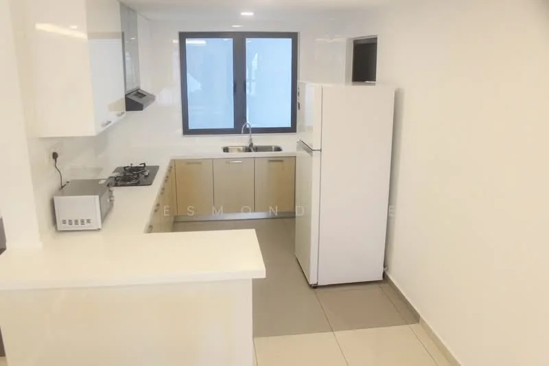 Kitchen features: white glossy cabinetry, stainless-steel single-bowl sink, chrome pull-down faucet, white quartz countertop, built-in gas hob, stainless-steel range hood, stainless-steel fridge, microwave, tile backsplash, grey floor tiles, recessed downlights, large window for natural light; style: modern.