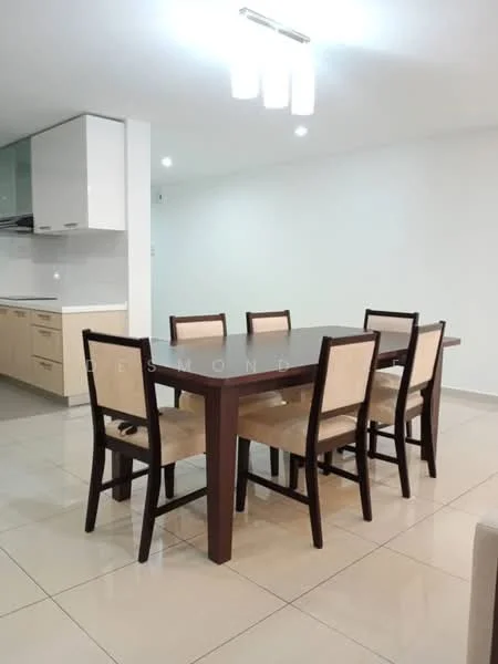 Dining features: 6-seater dining table, wooden dining table, upholstered dining chairs, cream fabric chair seats, white walls, tile flooring, recessed ceiling lights, open layout to kitchen, modern pendant light fixture; style: modern. Kitchen features: white cabinetry, stainless-steel appliances, countertop with backsplash, open layout to dining area; style: modern.