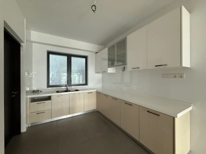 Kitchen features: white cabinetry with glass-front upper cabinets, light wood lower cabinetry, white countertop, single-bowl stainless-steel sink, chrome pull-down faucet, built-in oven, 4-burner gas hob, tile backsplash, large window with black frame, recessed downlights, grey tile flooring; style: modern.