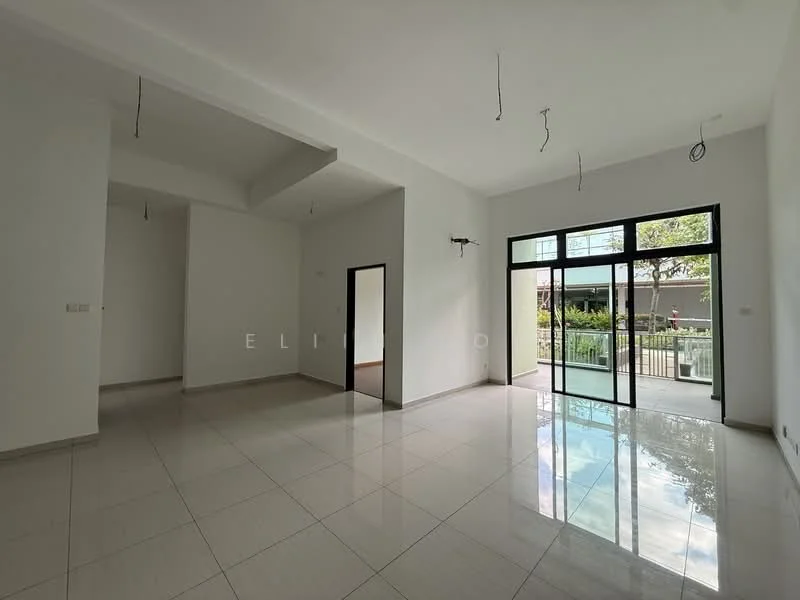Room features: white painted walls, polished ceramic tile flooring, floor-to-ceiling windows, sliding glass door, exposed ceiling with electrical wiring, natural light from windows, open layout, view of outdoor space; style: modern; view: garden.
