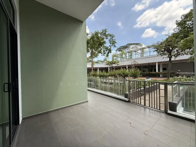 Room features: green painted walls, grey tiled flooring, glass sliding door, metal railing, outdoor view of landscaped garden, overhead natural lighting, open space, surrounded by greenery; style: modern; view: garden.