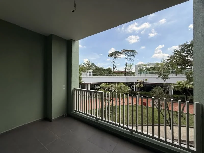 Room features: green painted walls, sliding glass door, floor-to-ceiling windows, grey tiled flooring, balcony railing, outdoor view of landscaped garden, outdoor view of walking path, natural light from windows; view: garden.