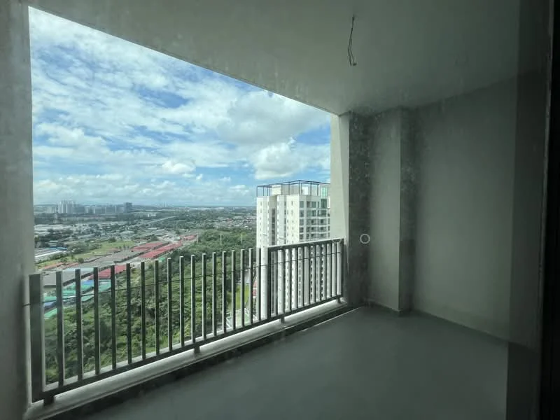 Room features: floor-to-ceiling windows, concrete flooring, balcony with railing, city skyline view, open space, high-rise building, natural light, unfinished walls; style: modern; view: city.