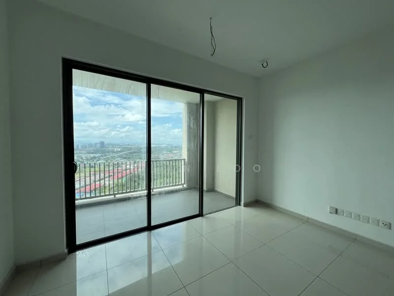 Room features: white painted walls, glazed sliding glass door, floor-to-ceiling windows, tile flooring, city view, balcony access, recessed ceiling lights, neutral color scheme; style: modern; view: city.
