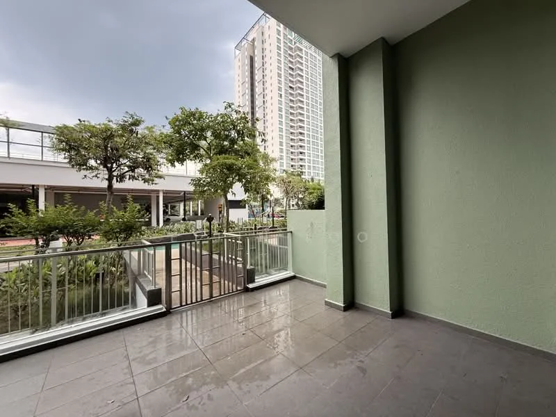 Room features: green painted walls, grey tile flooring, glass railing, outdoor space, view of landscaping, view of nearby building, overcast sky; style: modern; view: garden.