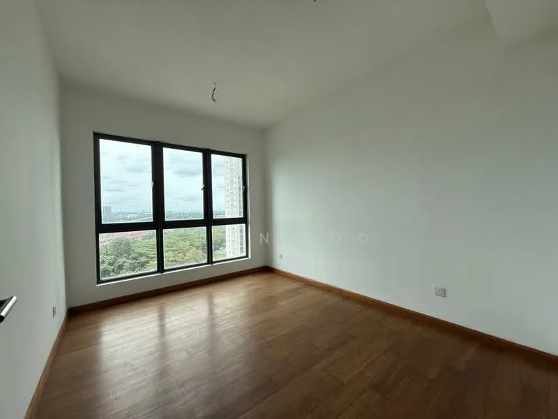 Room features: white painted walls, wooden flooring, floor-to-ceiling windows, city view, no visible ceiling fixtures, no visible furniture, natural light, minimalist decor; style: modern; view: city.