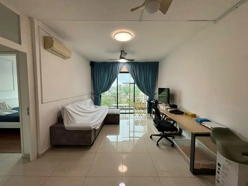 Living features: white painted walls, glossy tile flooring, 5-blade ceiling fan with light, wall-mounted TV, sofa with white cover, desk with chair, large glass sliding door, floor-to-ceiling windows, curtains in blue, air conditioning unit; style: modern; view: city.