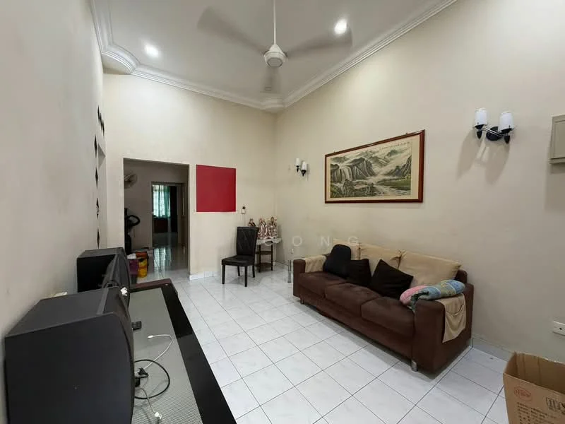 Living features: cream painted walls, white tiled flooring, 5-blade ceiling fan with light, sofa in beige fabric, black throw pillows, wooden coffee table, wall-mounted TV, decorative wall art, 2 wall sconces, air conditioning unit; style: traditional.