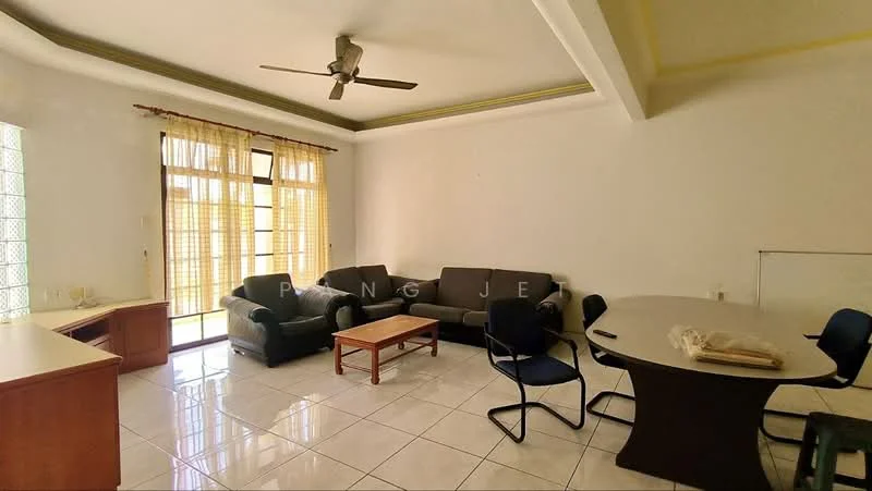 Living features: 5-blade ceiling fan, white painted walls, glossy tile flooring, large windows with sheer curtains, sofa in grey fabric, 2-seater sofa, wooden coffee table, round dining table, 4 dining chairs, TV console, decorative wall, natural light from windows; style: modern.
