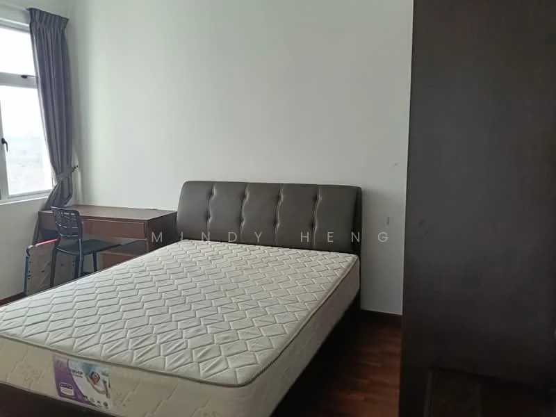 Bedroom features: queen-size bed with upholstered headboard, mattress on bed frame, wooden flooring, white painted walls, single window with curtain, study desk with chair, built-in wardrobe, decorative wall panel; style: modern.