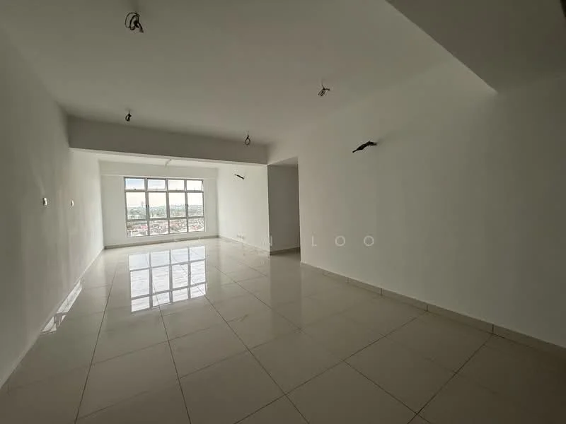 Room features: white painted walls, polished ceramic tile flooring, large floor-to-ceiling windows, recessed downlights, multiple ceiling lights; style: modern; view: city.