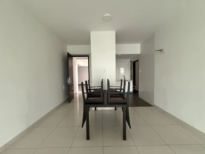 Dining features: white painted walls, tile flooring, 4-seater dining table, dark wooden chairs, ceiling light fixture, open layout, doorway to hallway, doorway to living area; style: modern.