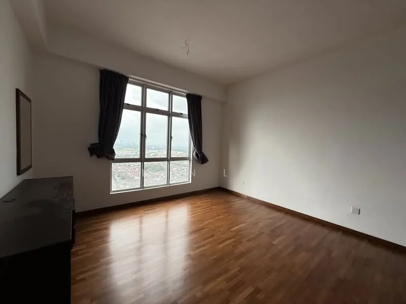 Room features: large floor-to-ceiling windows, wooden flooring, white painted walls, curtains in dark blue, one wall with no visible features, minimalist decor, no visible furniture, city view visible through windows; style: modern; view: city.