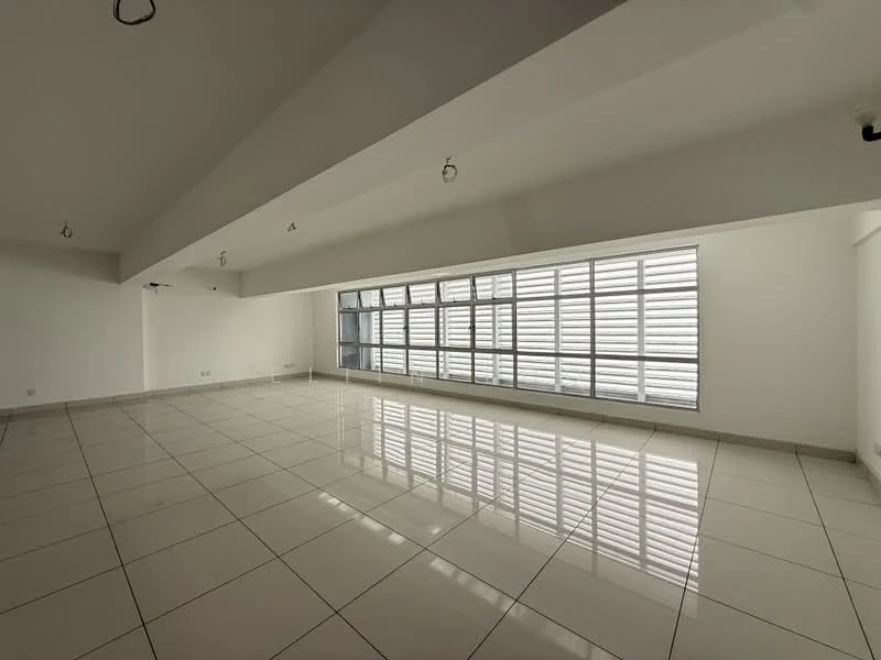 Room features: white painted walls, sliding glass windows, polished ceramic tile flooring, high ceiling with recessed lighting, natural light from large windows, open space layout, no visible furniture, minimalist design; style: modern; view: city.