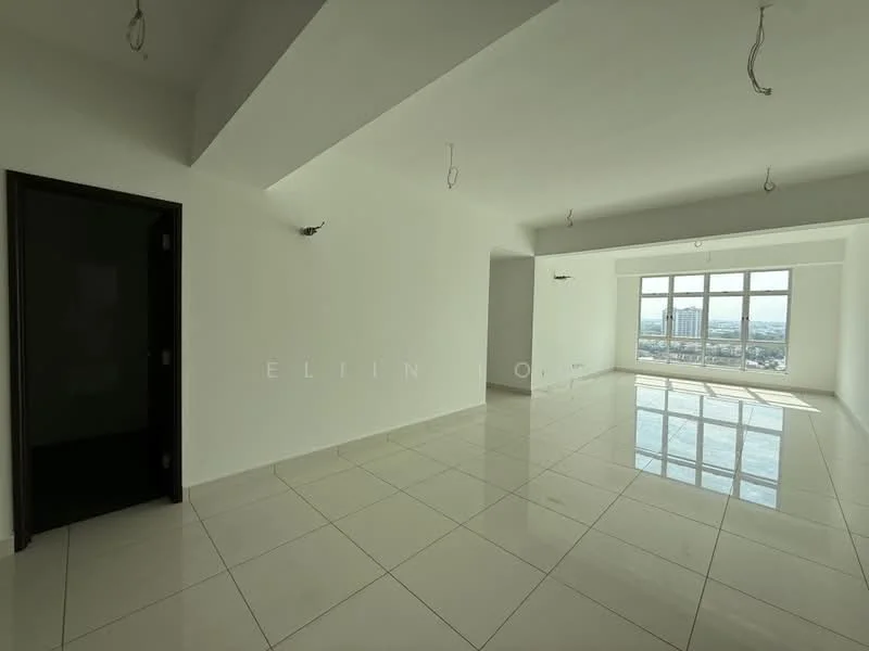 Room features: white painted walls, glossy white tile flooring, large floor-to-ceiling windows, natural light from windows, recessed downlights, exposed ceiling with hanging wires, open layout, city view; style: modern; view: city.