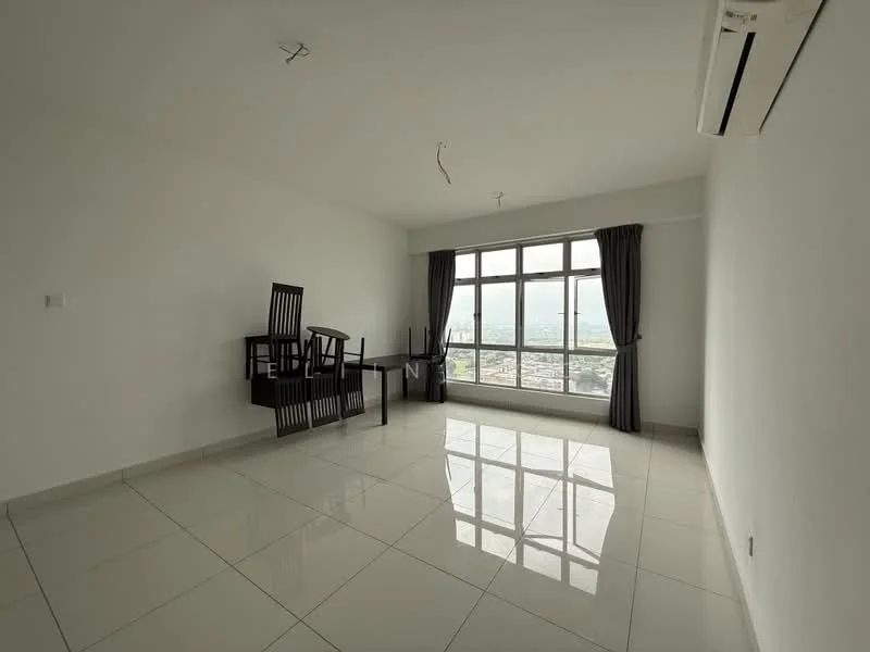 Living features: white painted walls, glossy ceramic tile flooring, floor-to-ceiling windows, grey curtains, 1 wall-mounted split AC, unfurnished, reflected light from windows, minimalist design; style: modern; view: city.
