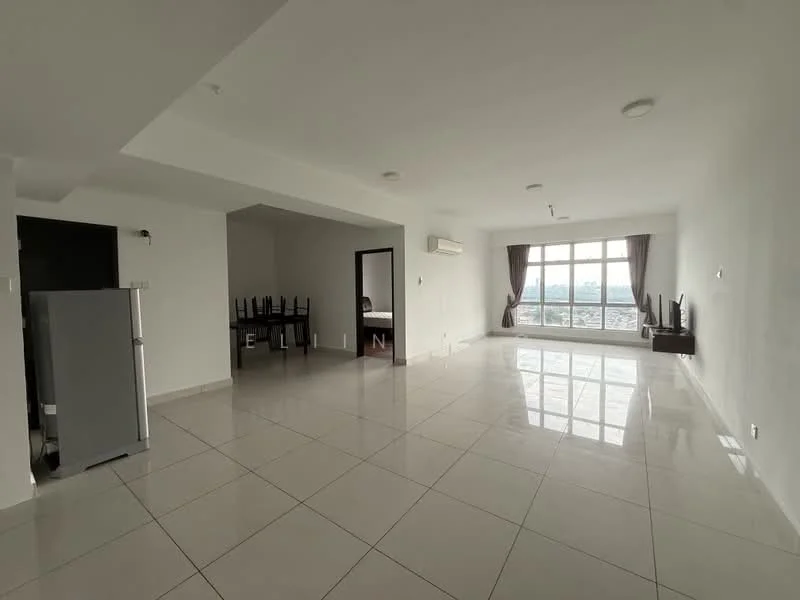 Living features: white painted walls, glossy ceramic tile flooring, floor-to-ceiling windows, curtains, 1 wall-mounted split AC, 2 wall-mounted TVs, recessed downlights, open layout, dining area visible, grey refrigerator; style: modern; view: city.