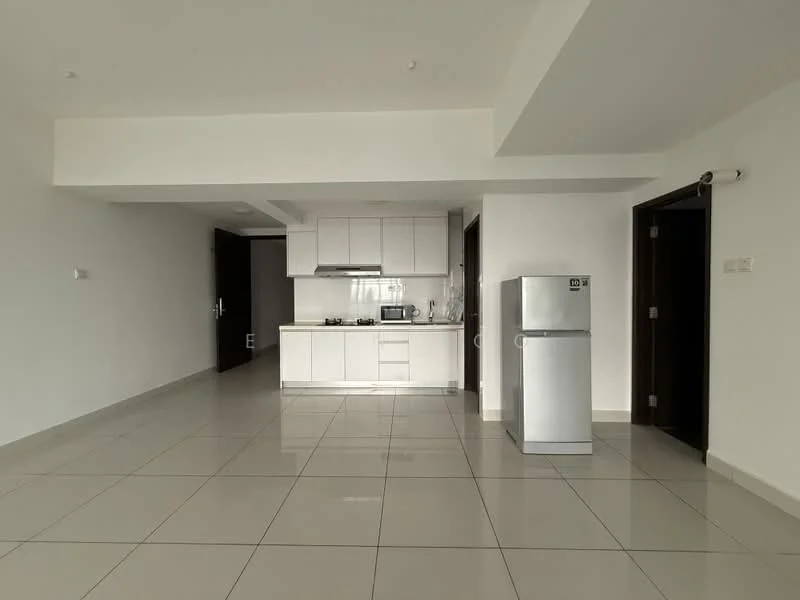 Kitchen features: white cabinetry, stainless-steel fridge, built-in oven, 4-burner gas hob, white countertop, ceramic tile flooring, recessed downlights, open layout, wall-mounted cabinets, sink, window above sink; style: modern. Living features: large open space, ceramic tile flooring, white painted walls, recessed downlights, floor-to-ceiling windows, open layout; style: modern.