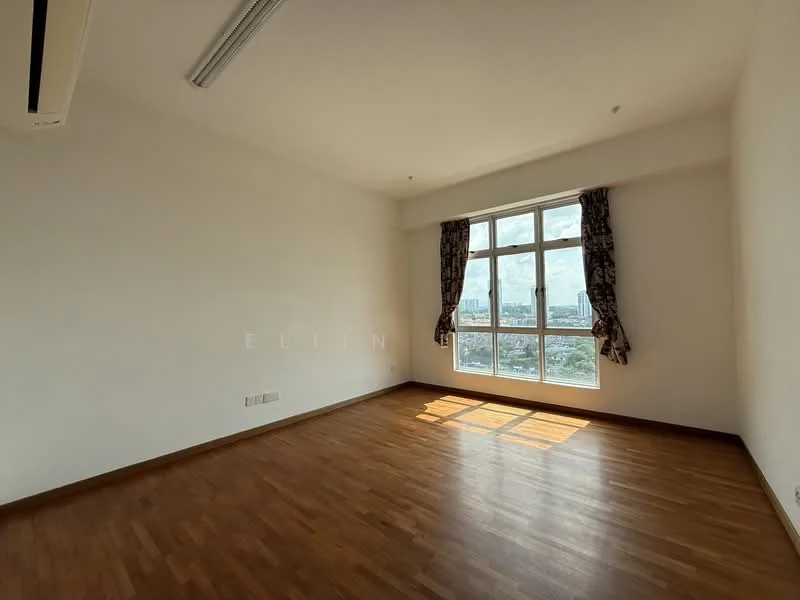 Room features: wooden flooring, white painted walls, floor-to-ceiling windows, curtains, air conditioning unit, natural light from windows; view: city.