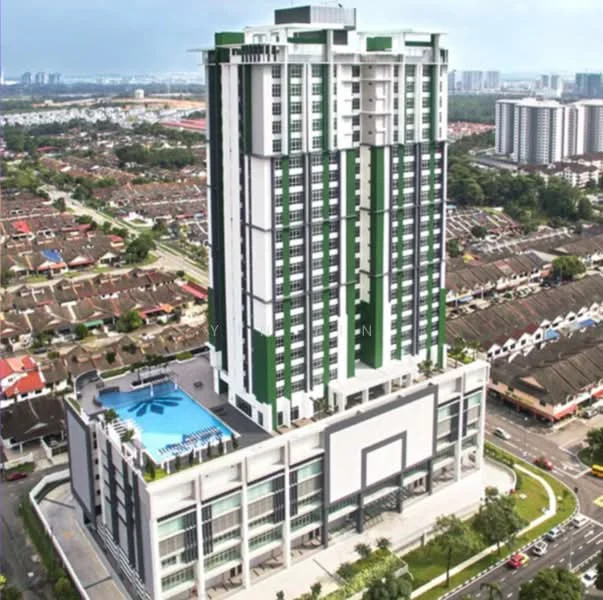 Exterior type: high-rise condominium; features: glass curtain wall, green accent panels, infinity pool on rooftop, outdoor pool deck with loungers, multi-storey car park, surrounded by residential area, landscaped garden at base, balconies on upper floors, modern architectural design; style: modern.