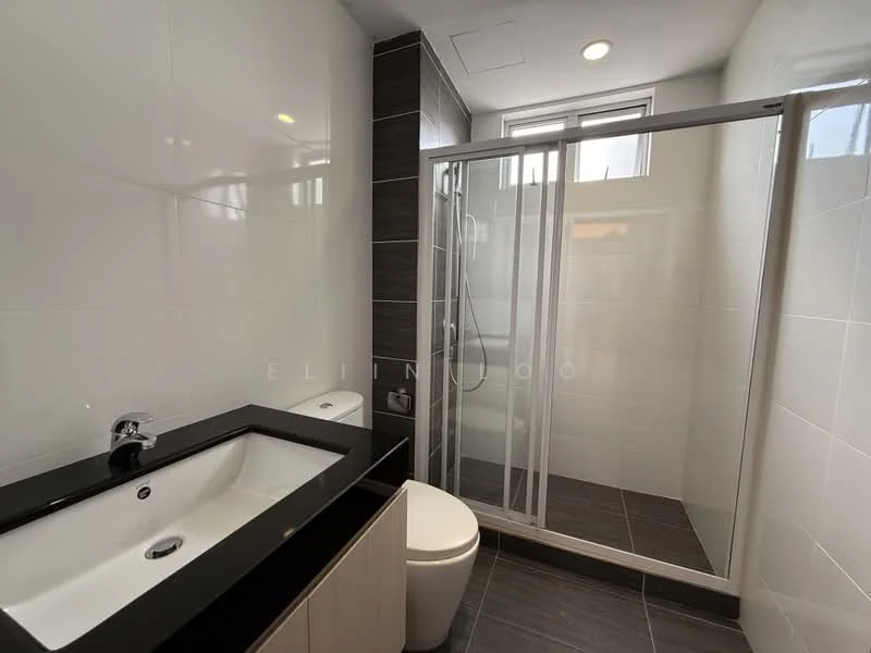 Bathroom features: white tiled walls, grey tiled flooring, single-sink vanity with black countertop, chrome basin mixer faucet, one-piece toilet, walk-in shower with glass enclosure, shower head, recessed downlights, mirror above vanity; style: modern.