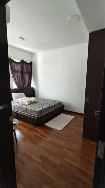 Bedroom features: queen-size bed, dark wood flooring, white painted walls, blackout curtains, ceiling light, area rug, nightstand, door with handle; style: modern.