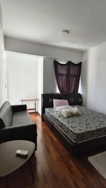 Bedroom features: queen-size bed, black leather sofa, wooden side table, dark curtains, white painted walls, wooden flooring, ceiling light, decorative pillow; style: minimalist.