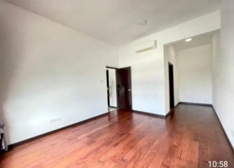 Room features: wooden flooring, white painted walls, ceiling fan, wall-mounted split AC, doorway leading to another room, doorway leading to hallway, high ceiling, natural light from windows; style: modern.