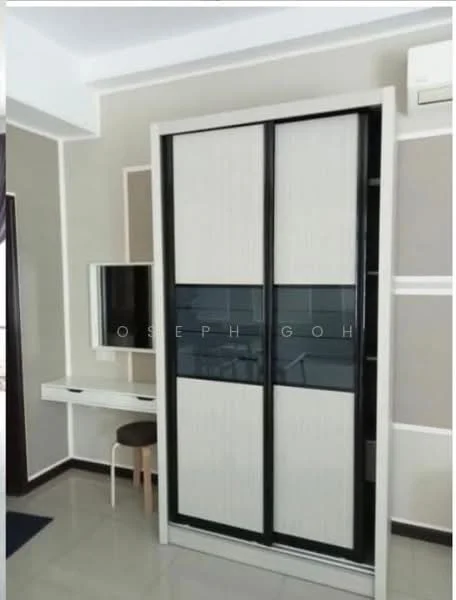 Room features: built-in wardrobe with sliding doors, light wood finish, black glass panel, wall-mounted mirror, desk with drawer, chair, wall-mounted air conditioning unit, cream painted walls, glossy tile flooring; style: modern.