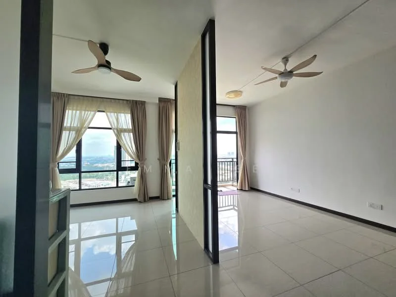 Room features: floor-to-ceiling windows, city view, 2 ceiling fans, white painted walls, cream curtains, glossy tile flooring, light fixture on ceiling, partition wall; style: modern; view: city.