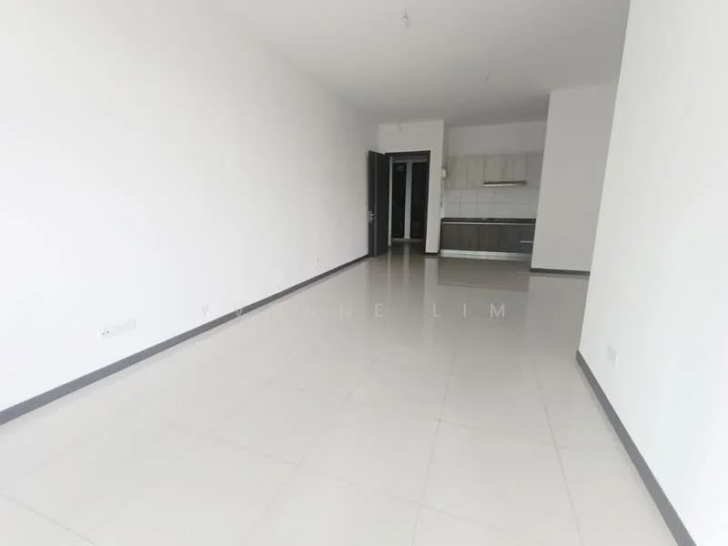 Room features: white painted walls, glossy tile flooring, open layout, kitchen area visible, no visible furniture, large windows, neutral color scheme, minimalist design; style: modern.