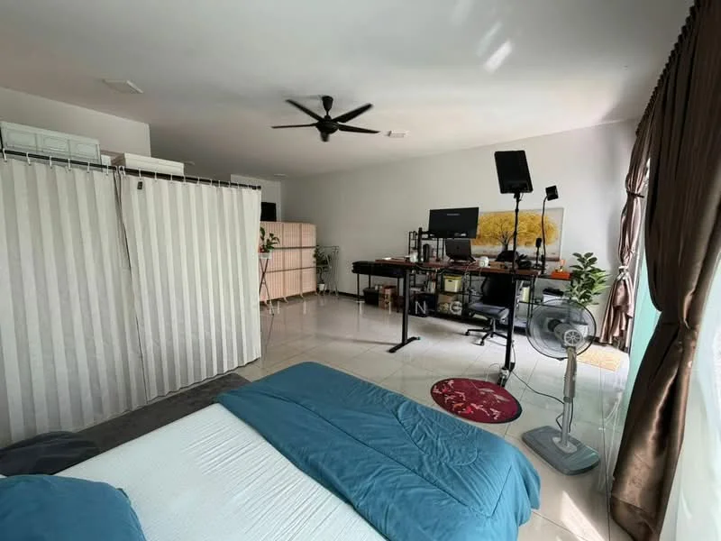 Bedroom features: queen-size bed with blue bedding, white painted walls, tile flooring, 5-blade ceiling fan, floor-to-ceiling windows with sheer curtains, decorative area rug, partition with curtains, study desk with computer setup, potted plants, freestanding fan; style: modern.