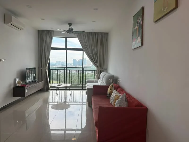Living features: floor-to-ceiling windows, sliding glass door, 3-blade ceiling fan, wall-mounted TV, TV console, 2-seater fabric sofa in white, 3-seater fabric sofa in red, decorative cushions, marble tile flooring, sheer curtains, decorative artwork on walls; style: modern; view: city.