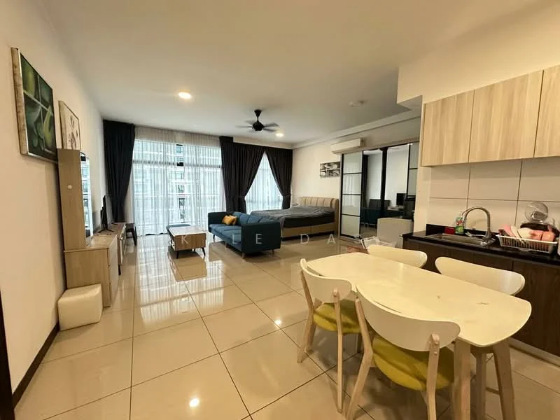Living features: floor-to-ceiling windows, sliding glass door, cream painted walls, white ceiling, 5-blade ceiling fan with light, 3-seater fabric sofa in blue, wooden TV console, wall-mounted TV, area rug, dining table with 4 chairs, tile flooring, curtains, decorative artwork; style: modern; view: city. Kitchen features: laminate cabinetry, stainless-steel sink, built-in oven, freestanding range oven, microwave, countertop, tile backsplash; style: modern.