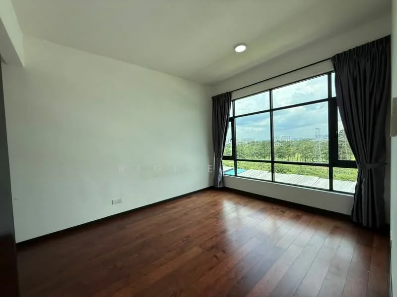 Bedroom features: wooden flooring, white painted walls, large floor-to-ceiling windows, blackout curtains, recessed ceiling light, view of greenery, open space, no visible furniture; style: modern; view: garden.