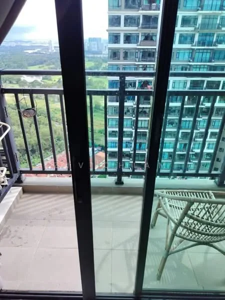 Room features: glass sliding doors, black metal railing, tiled flooring, outdoor chair, view of greenery, view of city skyline; style: modern; view: city.