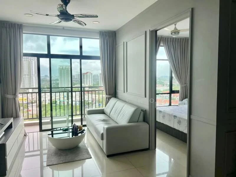 Living features: 3-seater leather sofa in white, coffee table, floor-to-ceiling windows, curtains, ceiling fan with light, marble tile flooring, wall-mounted TV, decorative wall paneling, light-colored walls; style: modern; view: city. Bedroom features: queen-size bed, bedding with floral pattern, window with curtains, light-colored walls; style: modern; view: city.