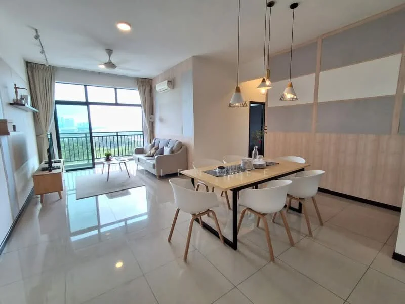 Living features: floor-to-ceiling windows, sliding glass door, 3-seater fabric sofa in light grey, coffee table, TV console, wall-mounted TV, area rug, ceiling fan, recessed downlights; style: modern; view: city. Dining features: 6-seater dining table, white dining chairs, pendant lamps, wooden table, decorative centerpiece; style: modern; view: city.