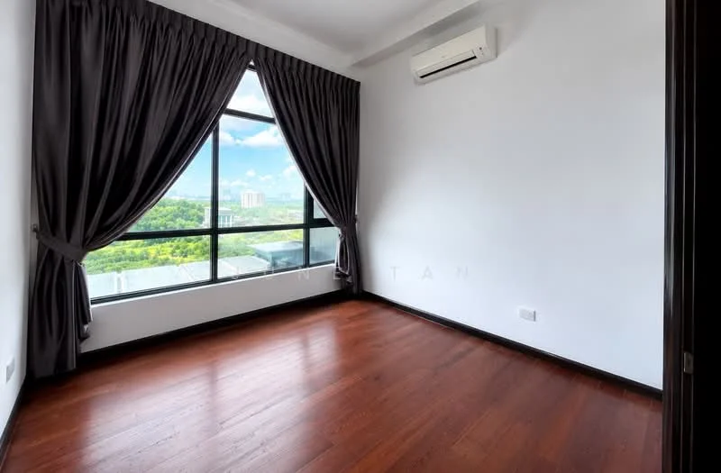 Bedroom features: dark wood flooring, white painted walls, floor-to-ceiling windows, blackout curtains, wall-mounted split AC, city view; style: modern; view: city.
