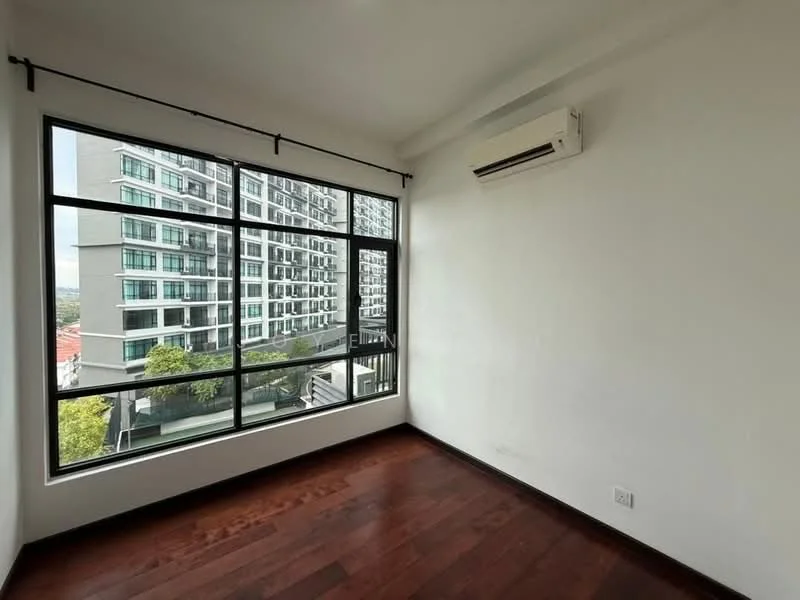 Room features: large floor-to-ceiling windows, wooden flooring, white painted walls, wall-mounted split AC, black curtain rod, sheer curtains, city view, minimalist design; style: modern; view: city.