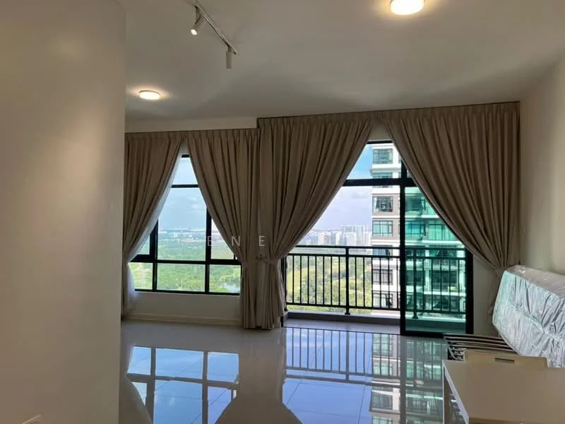 Living features: large floor-to-ceiling windows, curtains, white walls, glossy tile flooring, recessed ceiling lights, open layout, balcony access, city view; style: modern; view: city.