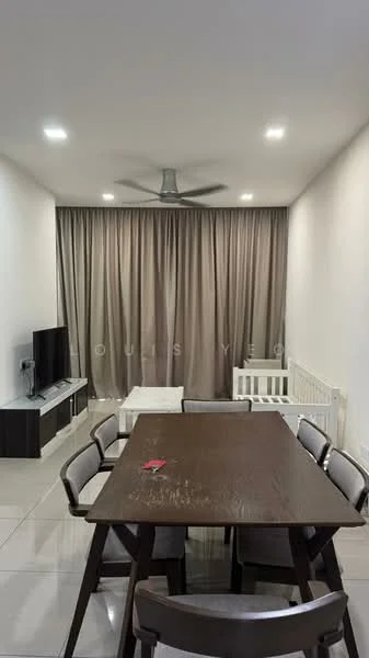 Living features: white painted walls, polished ceramic tile flooring, 5-blade ceiling fan with light, recessed LED downlights, sofa, dining table with 6 chairs, TV console, wall-mounted TV, curtains, decorative items on table; style: modern.